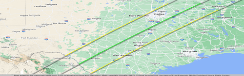 Map image of solar eclipse viewing area in Texas